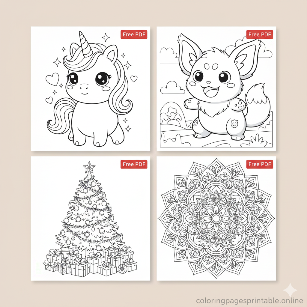 Free printable coloring pages collection - unicorn-like fantasy, Q版 cartoon, Christmas, and mandala styles for kids, teens, adults (8.5x11 inch) | coloringpagesprintable.online